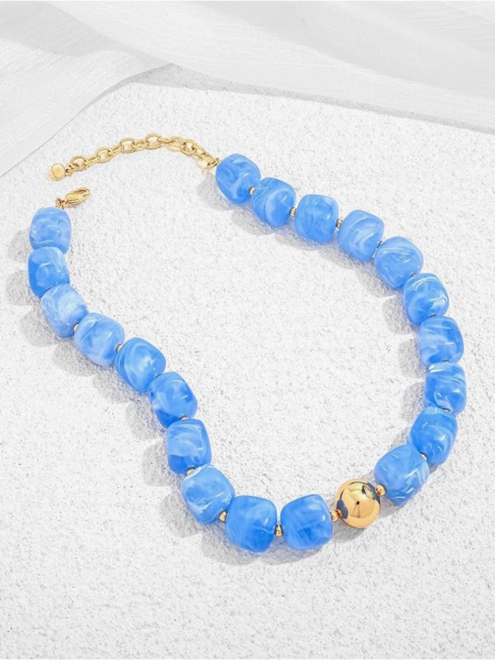NEW🔥  Marbled Blue Bead Necklace with Gold Accent